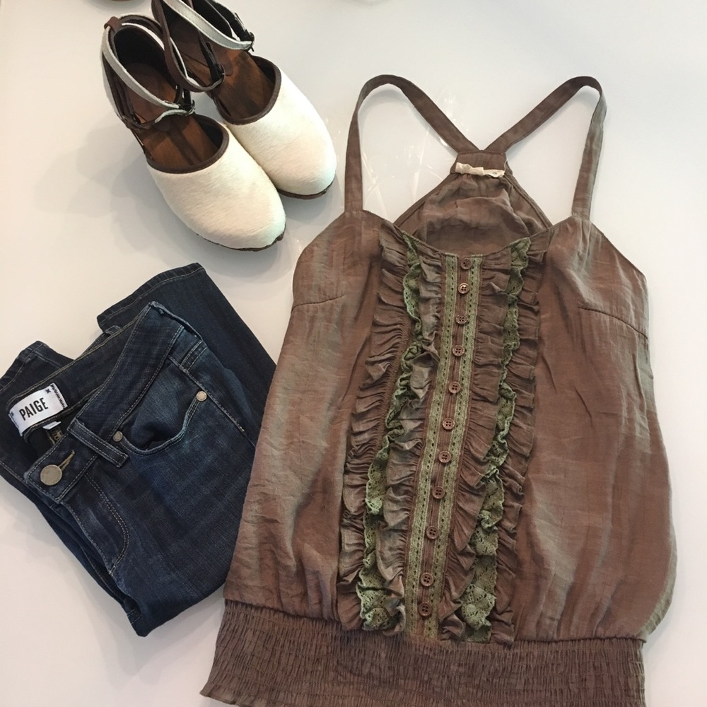 Mine brown green ruffle spaghetti strap tank small